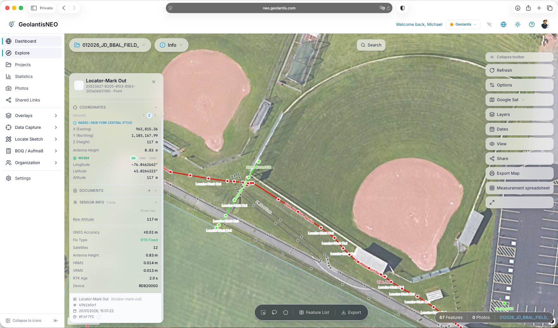 GeolantisNEO dashboard — located utility network mapped with RTK-fixed points, ready for CAD/GIS export